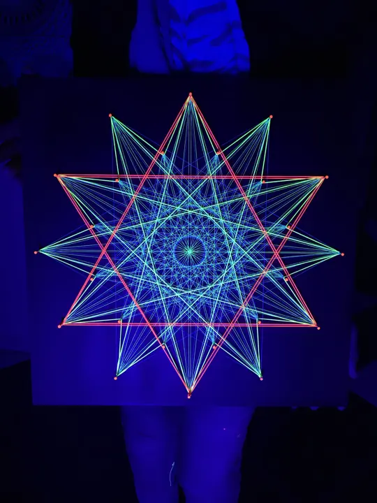 String art with neon string under blacklight
