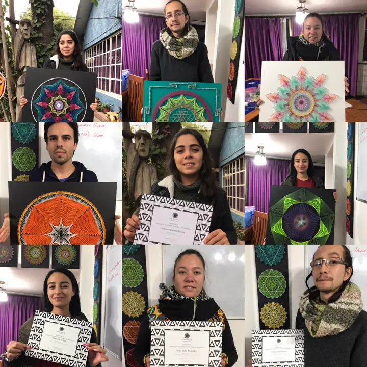Group from a Fractalería string art workshop with their pieces