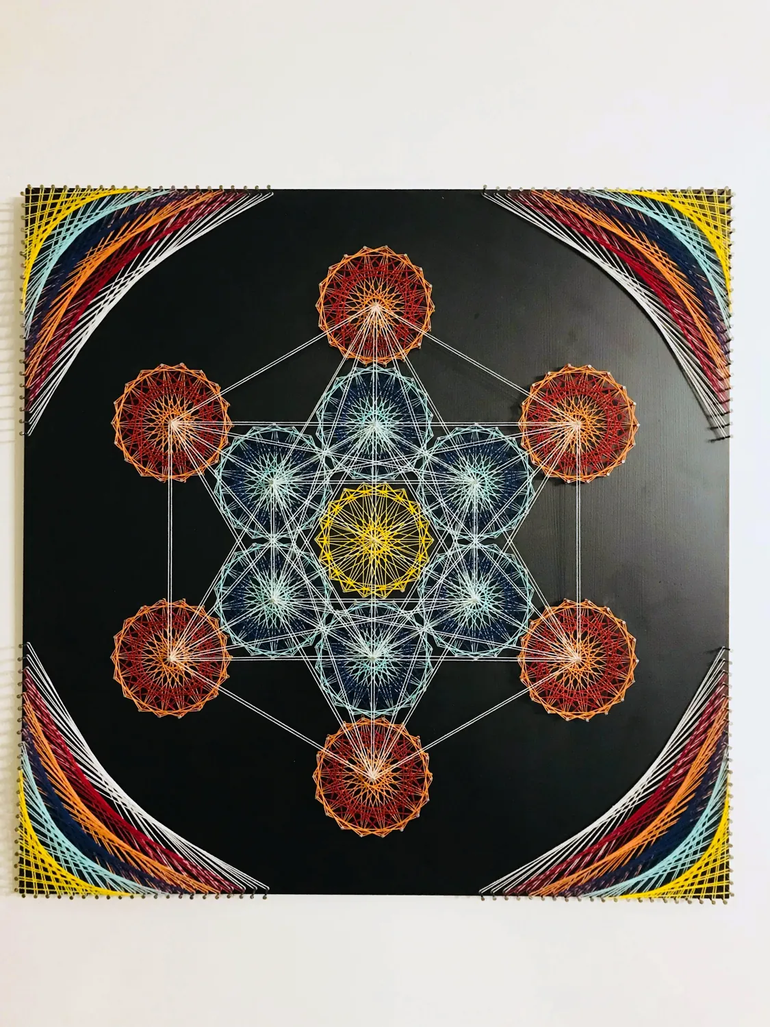 Metatron’s Cube string art, finished piece