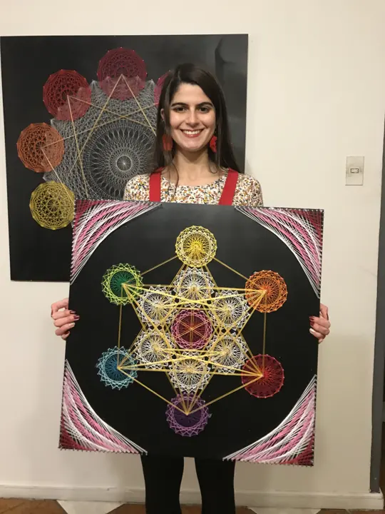 Metatron’s Cube string art, made in a Fractalería course