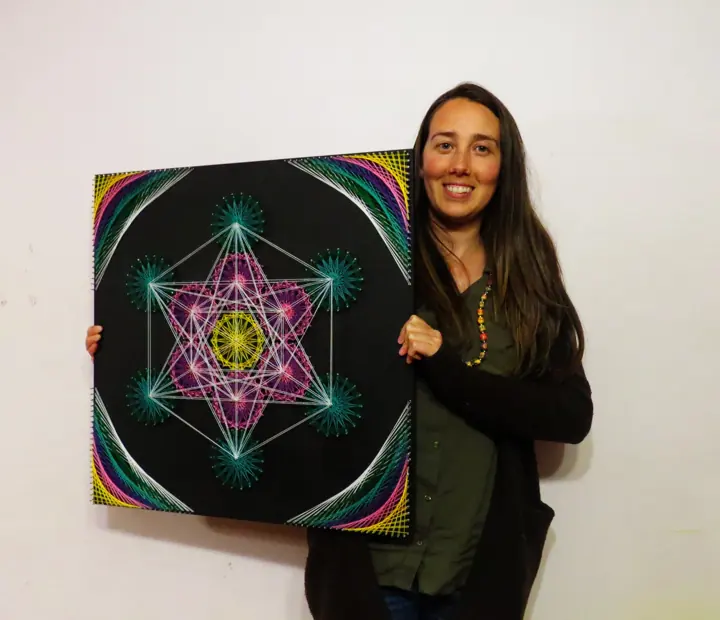 Metatron’s Cube string art, made in a Fractalería course