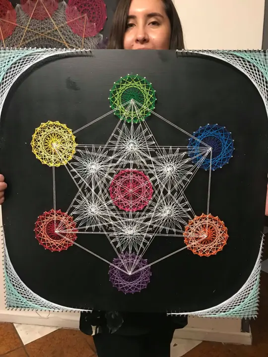 Metatron’s Cube string art, made in a Fractalería course
