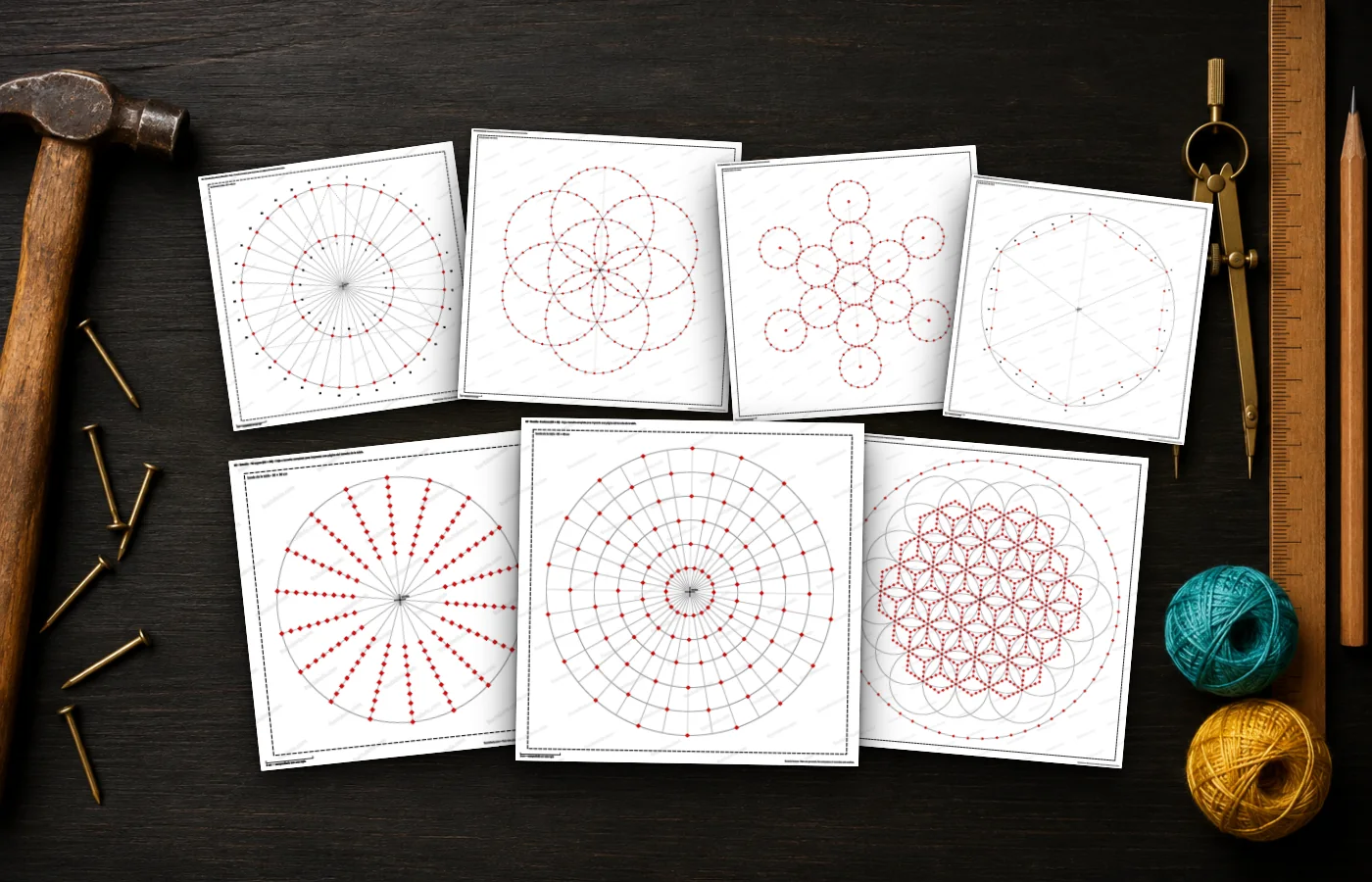 Siete de las plantillas de string art que incluye la formación, impresas a tamaño real sobre una mesa: dos círculos, Semilla de la vida, Cubo de Metatrón, hexágono, estrella, toroide y Flor de la vida