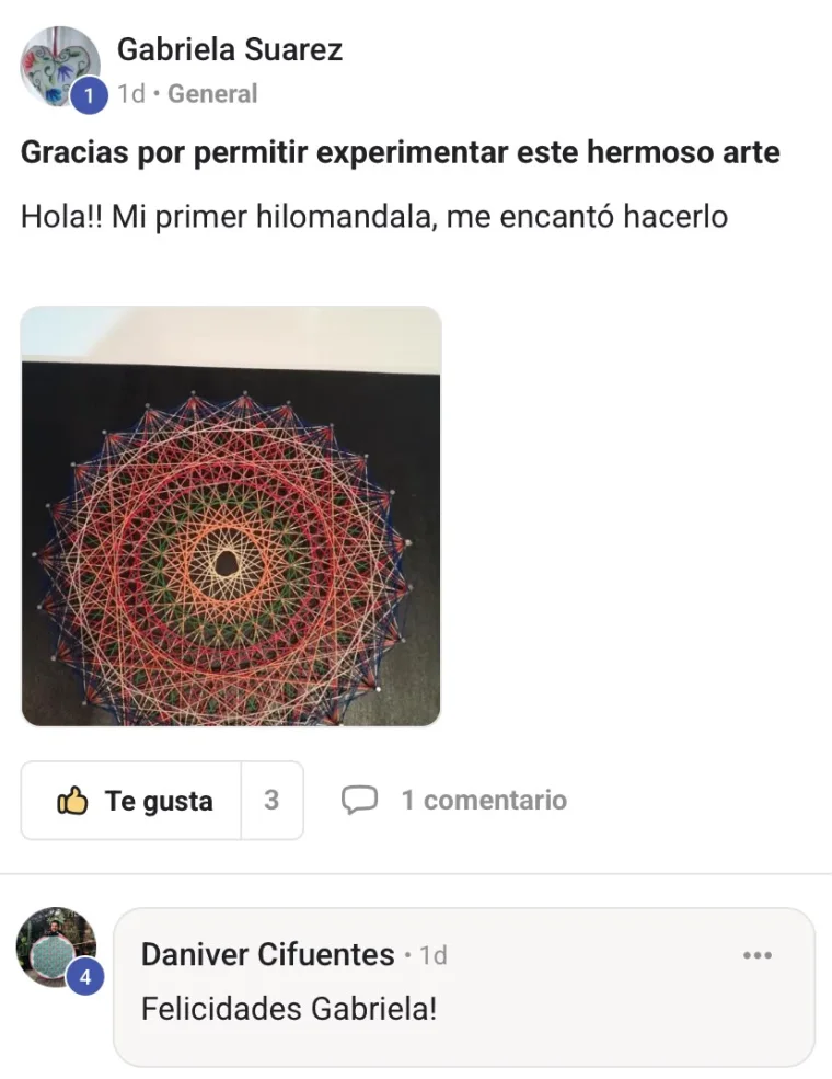 Gabriela Suárez publica su primera hilomandala en la comunidad y Daniver le responde